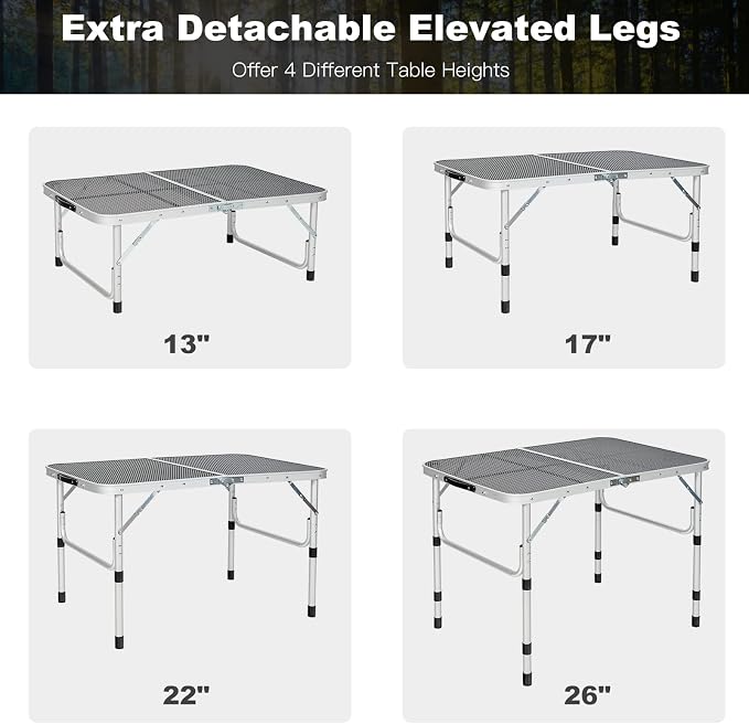 Giantex 3FT Portable Camping Table, Aluminum Picnic Table W/Iron Mesh Tabletop, 4 Adjustable Heights, Lightweight Folding Table for Outdoor Grill Cooking Picnic Camping Party BBQ