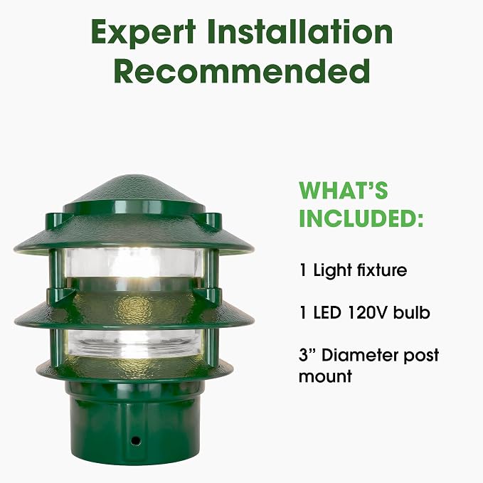 Greenfield Made in the USA Weatherproof Line-Voltage (120V) 3-Tier LED Outdoor Pathway Light – Permanent Outside Light with Mounting Hardware – Professional Grade – Green