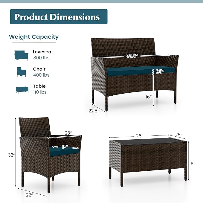 Tangkula 4 Piece Patio Rattan Conversation Set, Outdoor Wicker Furniture Set with Chair, Loveseat & Tempered Glass Table, Cozy Seat Cushions, Outside Sectional Sofa Set for Backyard (1, Peacock Blue)