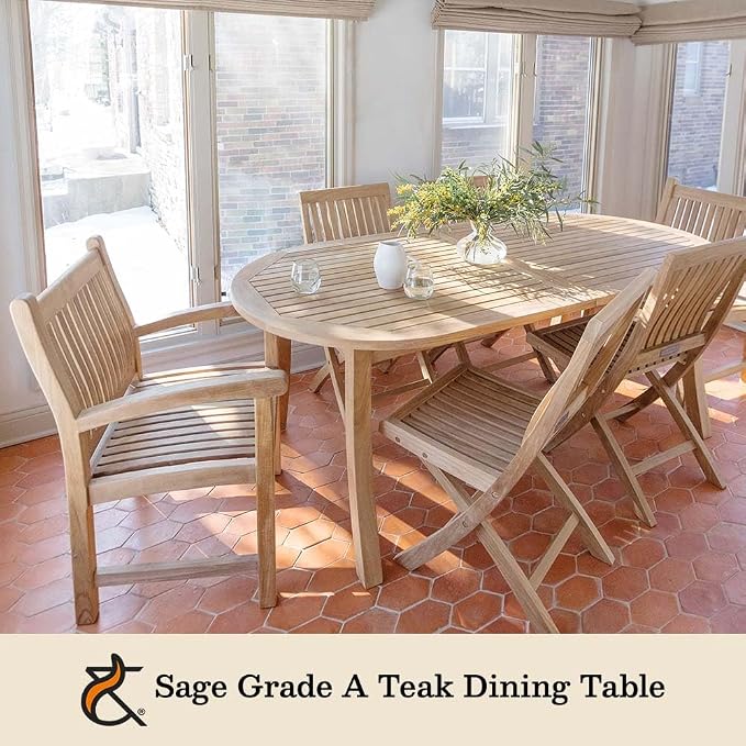 TITAN GREAT OUTDOORS Ash & Ember Sage Grade A Teak Extended Oval Dining Table, 82.5"-115" Extended Length, Seats 6 to 8 People, Weather-Resistant Patio Dining Furniture