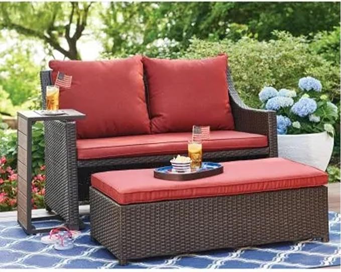 Four Seasons Courtyard Redington All-Weather Chic 3 Piece Outdoor Patio Seating Furniture Set with Cushioned Loveseat, Side Table, and Ottoman, Red