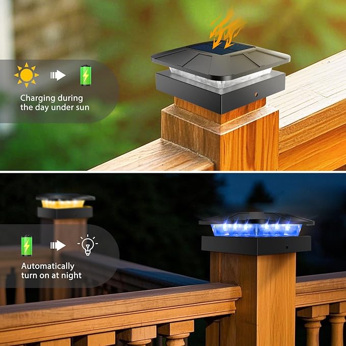 2pack 4x4 Solar Post Lights Outdoor, Blue & Warm White LED Fence Caps Light Waterproof, Wood & Vinyl Post Top Lighting for Deck Mailbox Railing Porch Outside