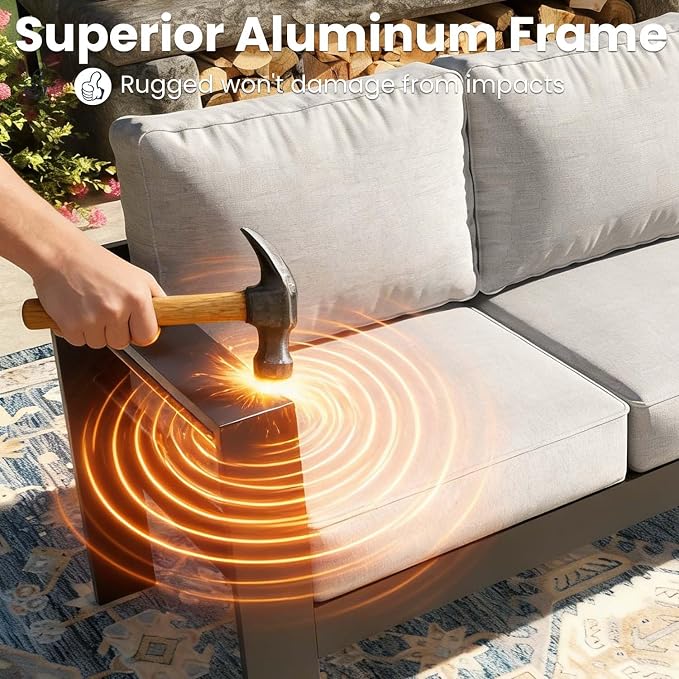 4 Pieces Modern Aluminum Patio Furniture Set with Fire Pit Table, Outdoor Conversation Sets Metal Sectional Sofa