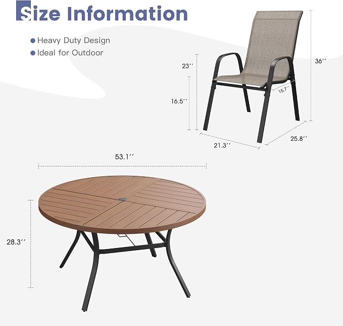 VICLLAX Round Outdoor Patio Dining Set for 8, Metal Slatted Patio Table with Umbrella Hole and 8 Stackable Patio Chairs for Deck Lawn Garden, Brown Fabric and Walnut Tabletop