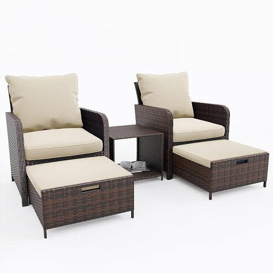 UDPATIO Wicker Patio Furniture Chair with Hiddern Ottoman for Balcony, 5 Piece Patio Conversation Set with Side Table for Front Porch Deck