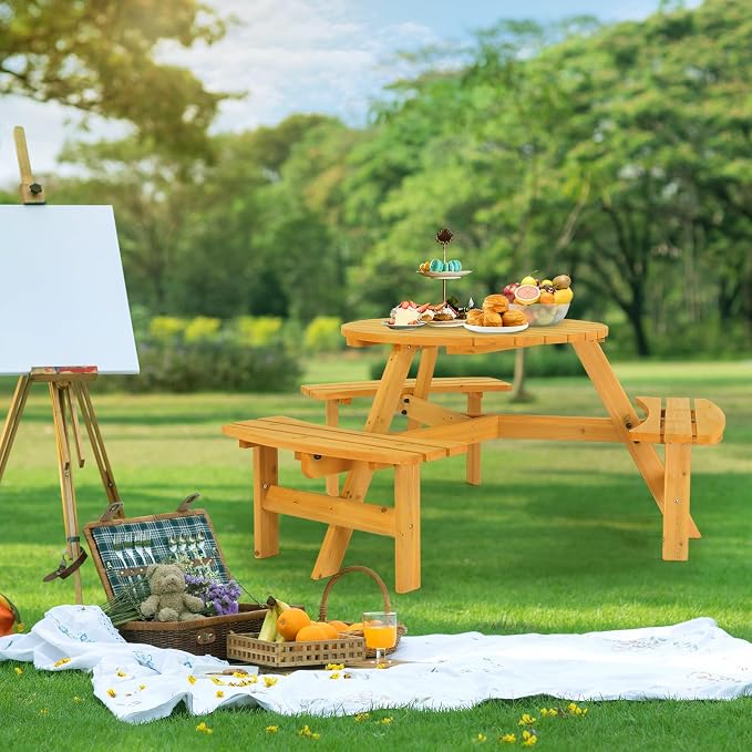 VINGLI 6 Person Wooden Picnic Table, Outdoor Picnic Table with 3 Build-in Benches, Round Patio Table and Bench Set with Umbrella Hole for Backyard, Garden, Pool, Natural Wood