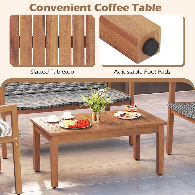 HAPPYGRILL 8-Piece Patio Furniture Set, PE Rattan Patio Bistro Set with Loveseat, Single Chairs & Coffee Table, Outdoor Acacia Wood Conversation Set for Garden, Backyard, Poolside & Porch