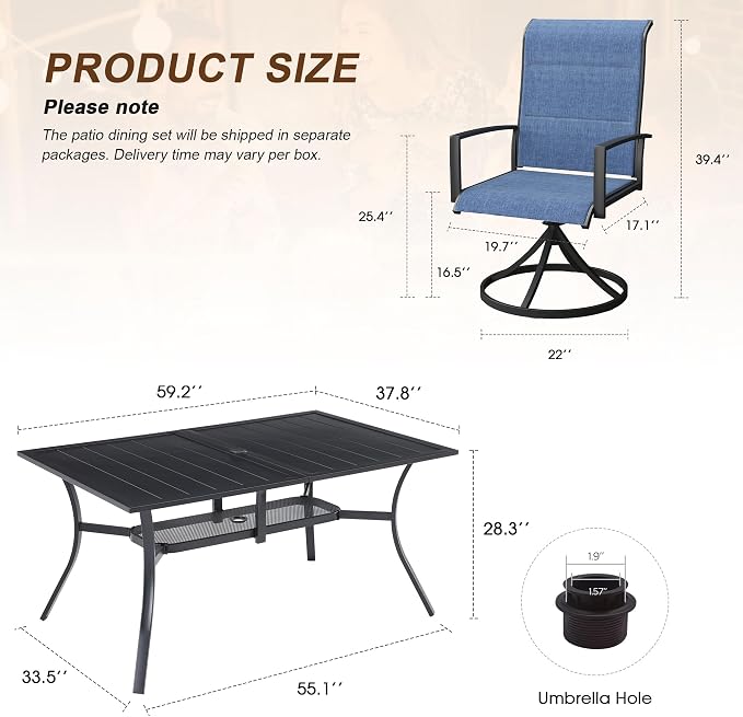 VICLLAX 7 Pieces Outdoor Dining Set, Patio Furniture Set Includes 59" Rectangular Metal Table W/ 1.9" Umbrella Hole and 6 Padded Textilene Swivel Chairs for Porch, Lawn, Garden, Backyard