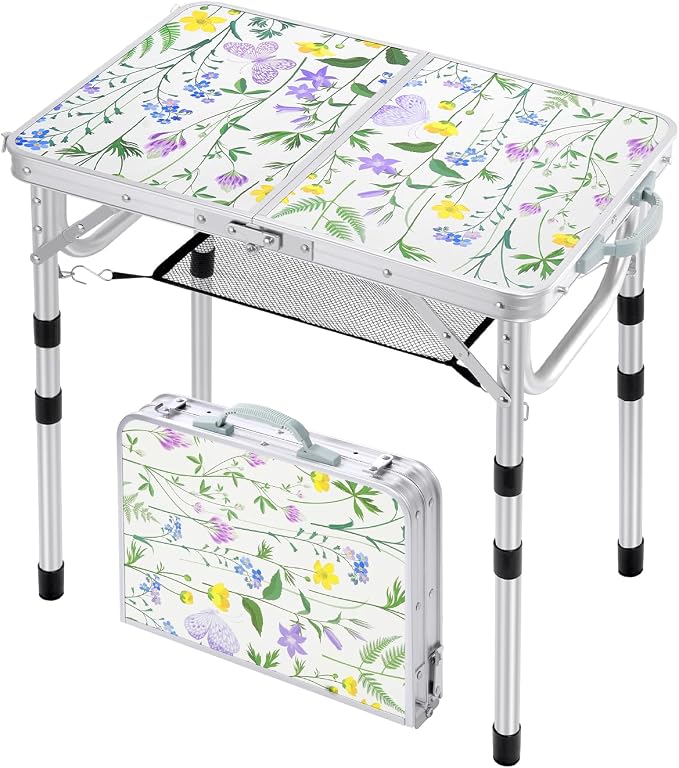 Sportneer Camping Table:Small Folding Table Portable Table 23.6" L X 15.7" W 4 Height with Mesh Layer- Adjustable Height Outdoor Table for Hiking Travel Picnic BBQ Cooking