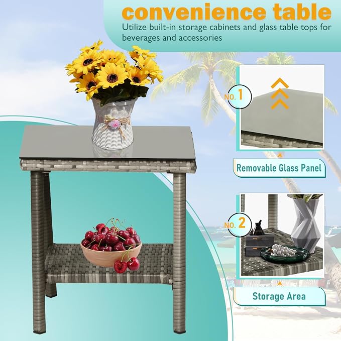 PayLessHere Set of 3 Outdoor Furniture Set Patio Furniture Set Gray Conversation Set with 2 Rattan Chairs Glass Coffee Table for Coffee Bar Poolside Patio Outdoor, Khaki Cushions