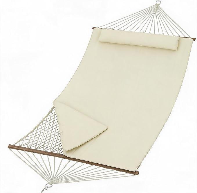 Double Quilted 2 Person Outdoor Hammock, Spreader Bars, Large Removable Pillow, Adjustable Steel Frame, Cotton Rope & Polyester Pad, Supports Up to 500lbs – Perfect for Patio, Backyard, Garden, Beach
