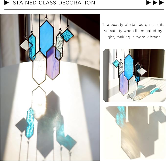 7pcs Stained Glass Window Hanging Suncatchers Modern Blue Wall Art Ornament | Blue Dreams,Sun Catchers Indoor Window,Home Garden Decor,Element Earth Tones Panel Set,Gift For Women,With String & Hook