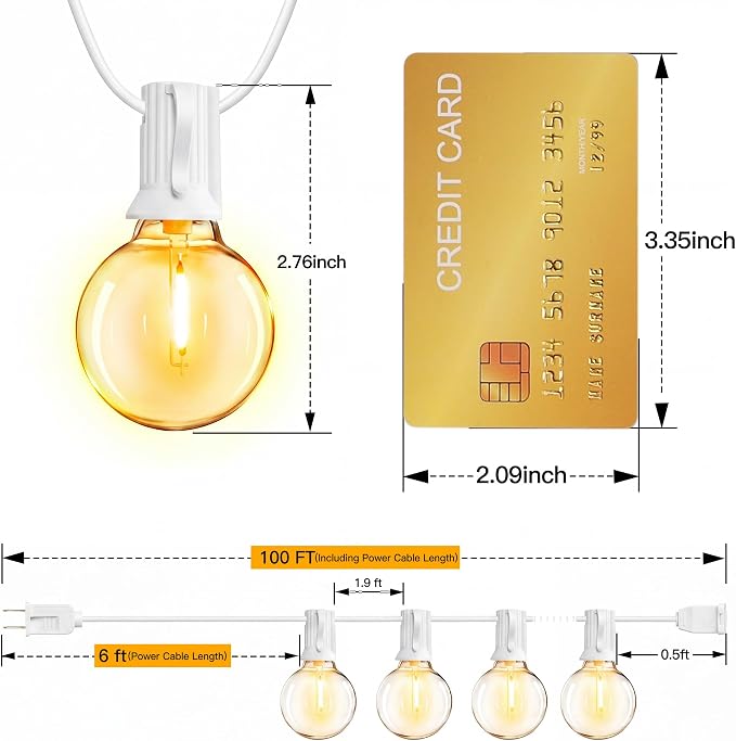 Ollny 100FT Outdoor String Lights, Waterproof Connectable Shatterproof Outside Light with 50 Edison + 3 Spare LED Bulbs Plug in, Patio Lights for Indoor Balcony Porch Camping Deck White