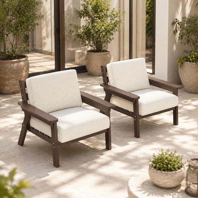 2 Piece HDPE Outdoor Furniture Set with Beige Cushions (Brown Frame) | All-Weather HDPE, Modular Design, Extra-Deep Seating, Thick Cushions, Ideal for Backyard, Deck & Porch
