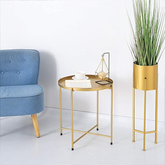 Tray Metal Round End Table Folding Small Side Table Outdoor & Indoor Coffee Table for Small Spaces Bedroom Patio,Gold