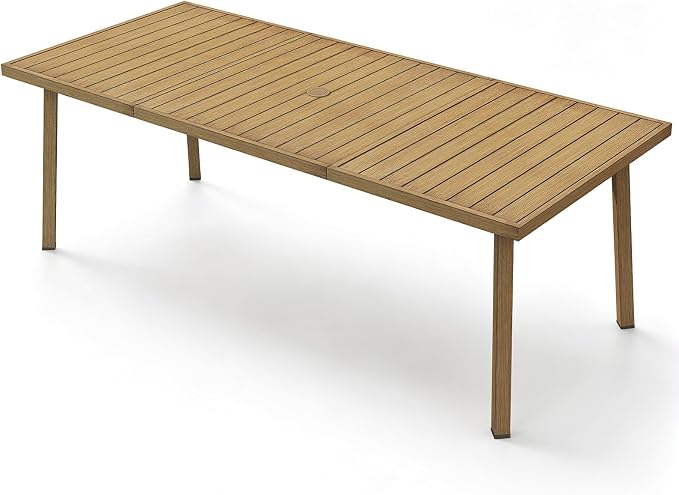 Outdoor Dining Table for 8, Never-Rust Aluminum Patio Dining Table, 82"×35" Large Rectangle Patio Table with Umbrella Hole, Outdoor Table with Wood-Like Texture for Commercial, Backyard, Teak