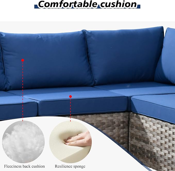 HOOOWOOO Outdoor Patio Sectional Furniture Sofa Set with Propane Fire Pit Table,13 Piece Large Modern Wicker Couch with Widened Armrest,Modular L Shaped Conversation Seating Set(Navy Blue)