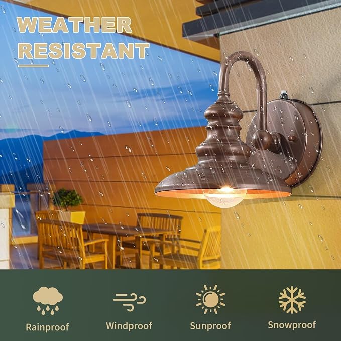 Dusk to Dawn Sensor Rustic Outdoor Gooseneck Barn Light Fixture | Exterior Wall Sconce Lighting Waterproof Outside Porch Lantern Farmhouse Wall Mount Lamp for House Garage Patio