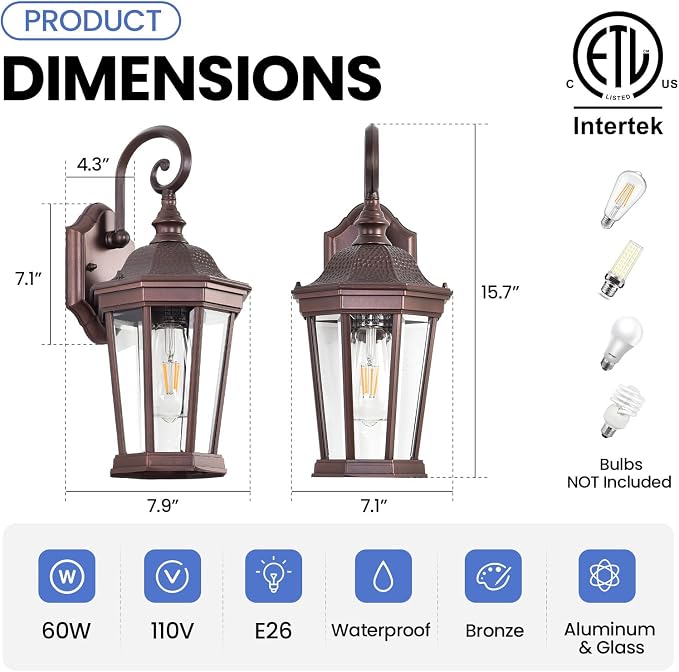 Outdoor Wall Lantern 16'' Brown Aluminum Outdoor Wall Light Fixtures
