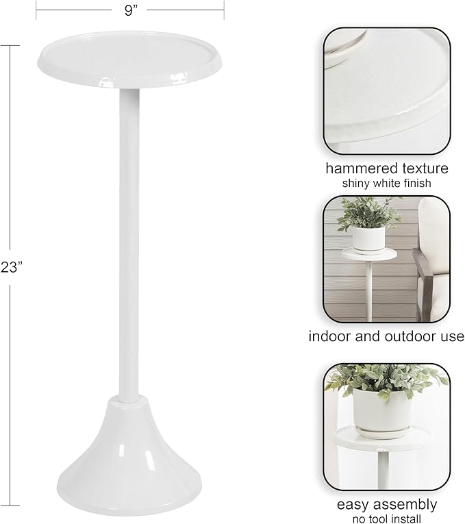 Kate and Laurel Sanzo Modern Pedestal Outdoor Drink Table; 9 x 9 x 23; White; Decorative Outdoor Patio Table for Deck with Hammered Tabletop for Use as Small Plant Stand or Living Room Martini Table