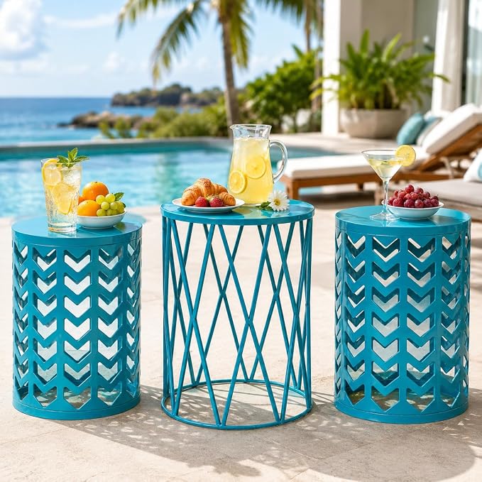 Y&M Nesting Side Table, Set of 3 Stacking Coffee Table for Living Room, Indoor End Tables, Outdoor Decorative Garden Stool with Heavy Duty Metal Frame Modern Industrial Decor - Blue