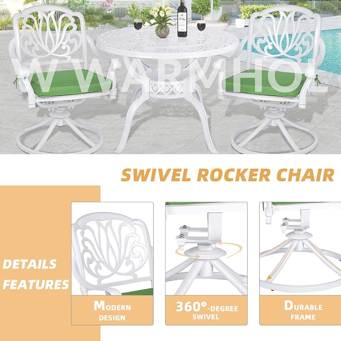 5 Piece Patio Dining Set, Outdoor Table and Chairs Set for 4 Cushioned Swivel Rocking Chairs and 38.5'' Round Table, All-Weather Cast Aluminum Patio Funiture Set, 2'' Umbrella Hole, White