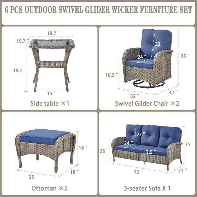 Belord 6 Pieces Wicker Patio Furniture Set - Swivel Rocker Outdoor Chairs with Outdoor Couch and Side Table, All-Weather Patio Conversation Set for Deck Sunroom Backyard