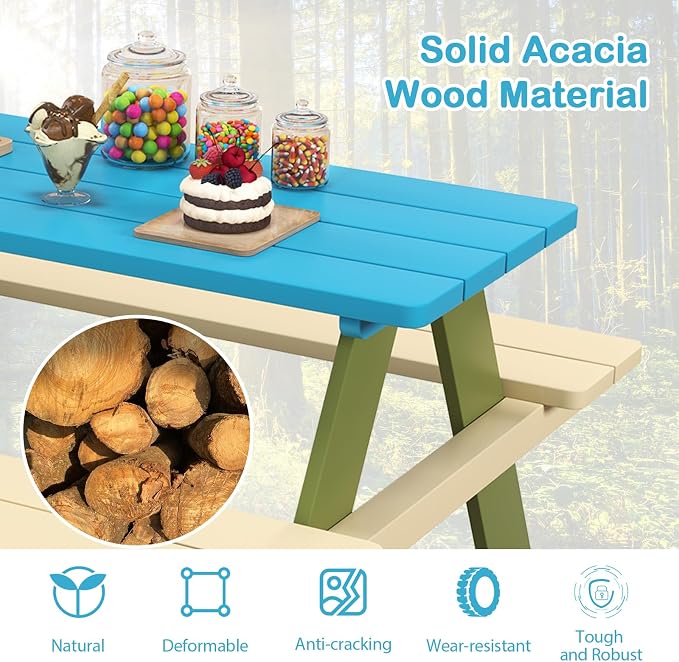 Costzon Kids Picnic Table, Acacia Wood Kids Outdoor Table with Benches, Toddler Patio Furniture Set for Backyard, Garden, Lawn, Gift for Boys Girls 3+ (Green)