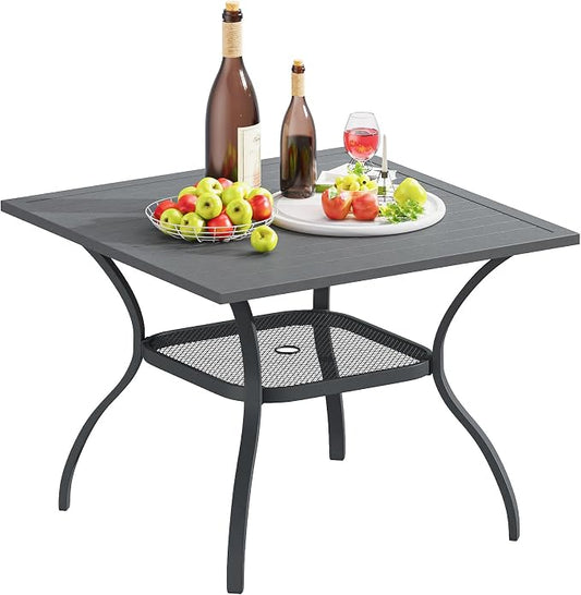 VICLLAX Outdoor Patio Dining Table for 4, Square Patio Table with Umbrella Hole for Patio Lawn Deck Backyard, Dark Grey Tabletop