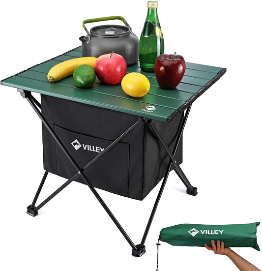 VILLEY Portable Camping Side Table, Ultralight Aluminum Folding Beach Table with Carry Bag and Under-Table Storage Hammock for Outdoor Cooking, Picnic, Camp, Boat, Travel, Large