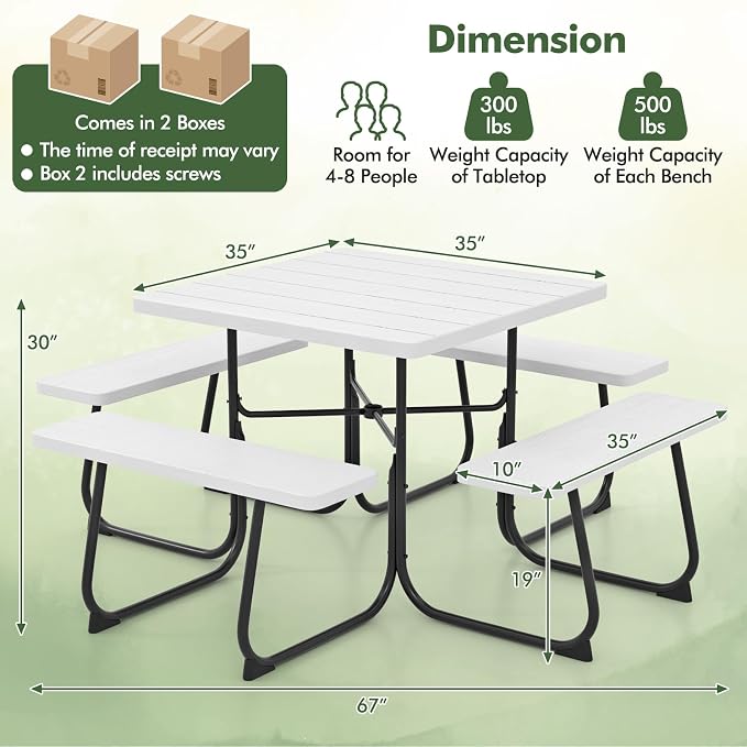 HAPPYGRILL 4-8 Person Square Picnic Table Bench Set with Umbrella Hole, Outdoor Camping Table with HDPE Material and Sturdy Metal Frame for Patio, Garden and Backyard, White