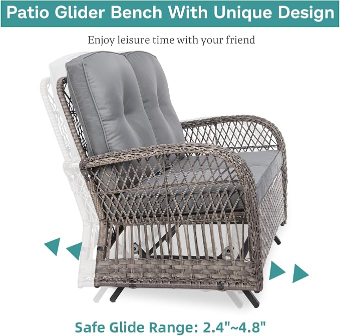 MEETWARM 7-Piece Outdoor Patio Conversation Set with Glider Loveseat, 4 Chairs, 2 Glass-Top Coffee Tables and Wicker Rocking Glider - Thickened Cushions, Gray