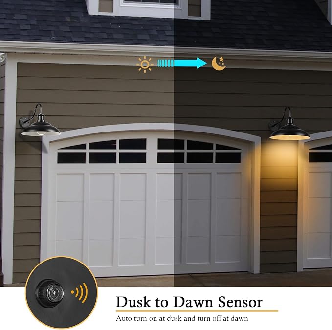 Dusk to Dawn Barn Light Outdoor, 16 Inch Farmhouse Wall Sconce, Vintage Exterior Wall Mount Lighting Fixture, Waterproof Black Lantern for Porch Garage