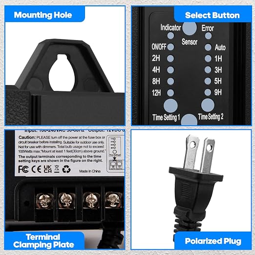 100W Outdoor Low Voltage Transformer with Timer and Photocell Sensor,120V AC to 12V DC Weatherproof for LED Landscape Lighting,Deck Lights,Spotlight, Pathway Light,ETL Listed