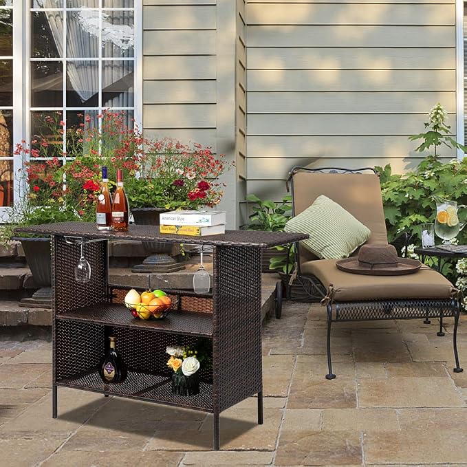 Bar Patio Rattan Counter Table, Outdoor Bar Table,Patio Bar Height Counter Table,Console Table for Hot Tub, Balcony, Yard,Outdoor Patio Wicker Bar Counter Table Backyard Furniture 140 x 47 x 92CM