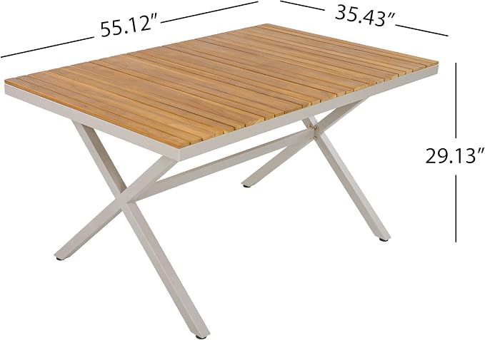 Christopher Knight Home Rado 55”L Wooden Outdoor Dining Table with Steel Frame, Sturdy Rectangular Patio Table for 4-6 People, Dining Room Table with Slatted Design and X-Shaped Legs, Teak + Beige
