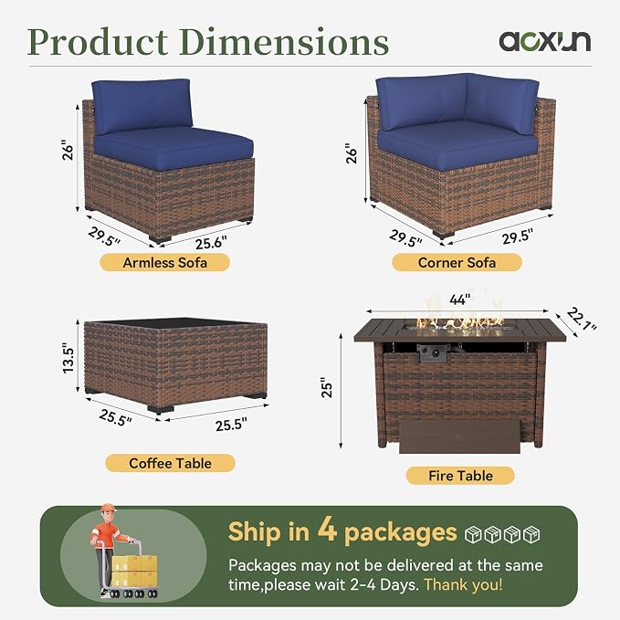 Aoxun 11 Piece Patio Furniture Set with 44” Fire Pit Table Wicker Rattan Outdoor Sectional Sofa Set with Coffee Table and 4” Thickened Cushions, Blue