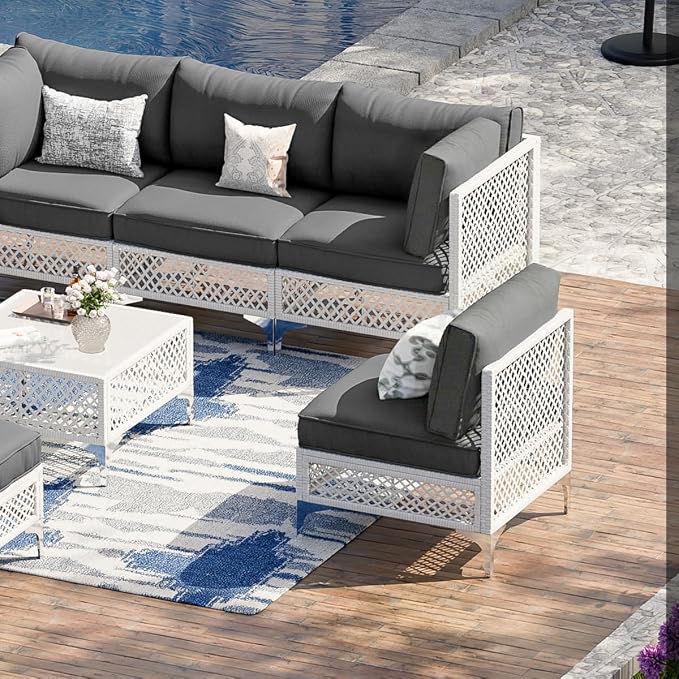 Vikiullf Patio Conversation Set, 7 Piece Outdoor Sectional Sofa Set with Coffee Table, White Wicker with Grey Cushions (White and Grey, 7 piece)