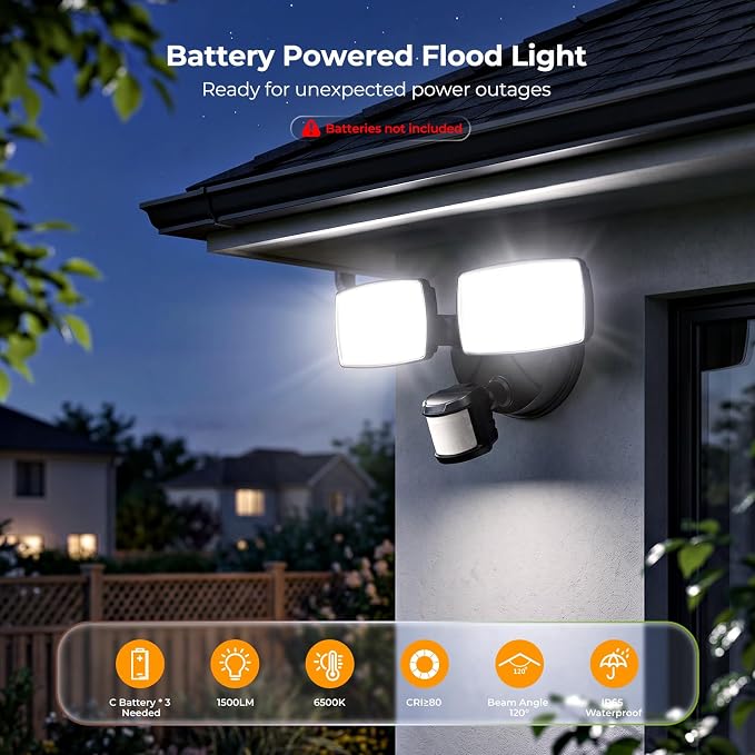 Onforu Battery Powered Motion Sensor Outdoor Lights, Security Floodlight | Easy to install anywhere for temporary lighting at porch shed fence, 1500LM wireless battery operated LED flood light