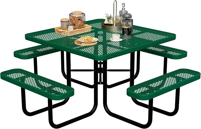 All-Weather Square Outdoor Picnic Table, Commercial Picnic Table Bench Set with Umbrella Hole, Thermoplastic Coated Metal Dining Tables for School, Stores, Park, Patio, Yard, Green