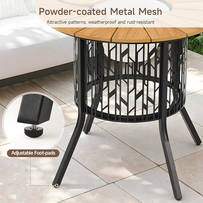 ONBRILL Round Patio Coffee Table with 3.3 Gallon Ice Bucket, 31.5 Inch Solar-Light Cooler Side Table, HDPS Outdoor Dining Table with Metal Base for Outside, Porch, Garden, Backyard, Black & Oak