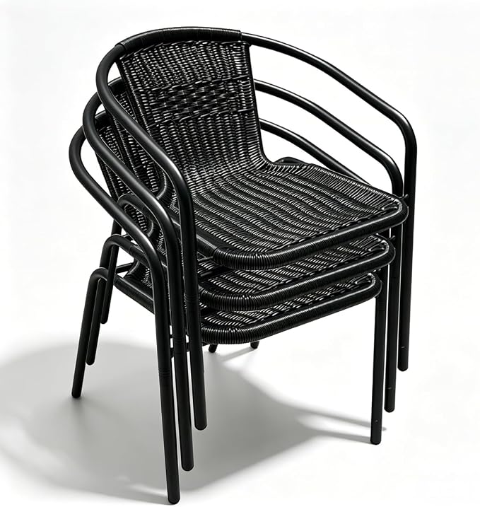 4 Piece Patio Chairs Set, Stackable Outdoor Rattan Chairs, Weatherproof Wicker Patio Seating for Balcony, Porch, Lawn, Small Patio Furniture Set for Backyard, Garden, Poolside, Black