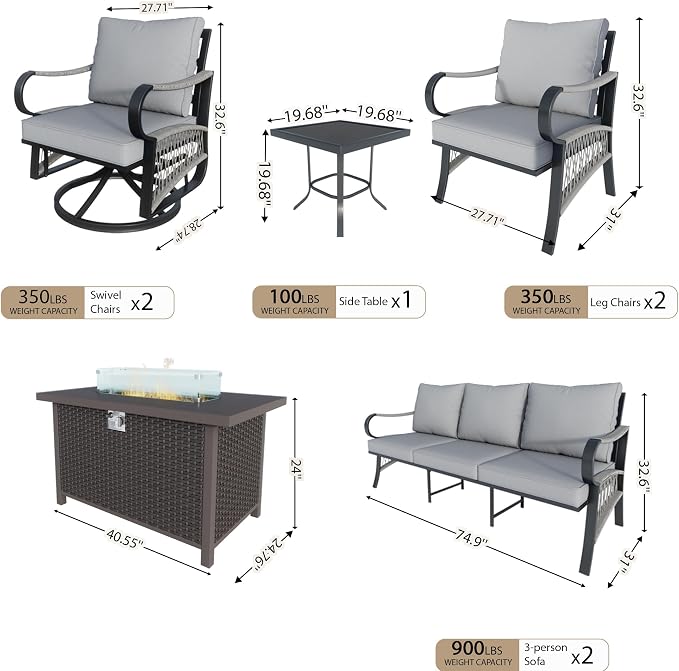 8 Pieces Patio Furniture Set, Metal Outdoor Conversation Sets with Fire Pit Table and Swivel Chairs for Backyard Garden Deck Porch Poolside (Thick Gray Cushions)