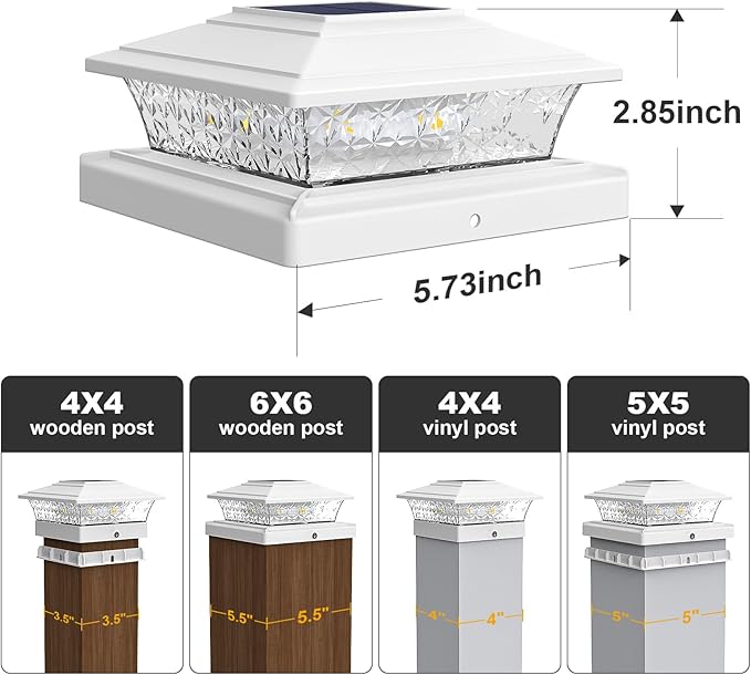 Solar Post Cap Lights Outdoor 6pack, Waterproof Fence Post Lights with 16 Ultra Bright LEDs Fit 4x4/5x5/6x6 Wood/Vinyl Posts, White Deck Post Lights with Warm/Cool White for Garden, Patio, Porch, Yard