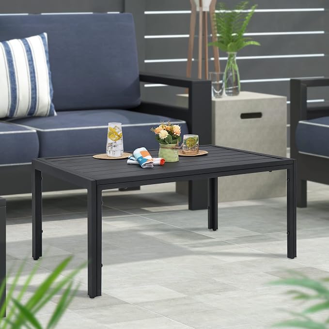 ABBLE Outdoor Coffee Table Steel Slat Black Coffee Table Indoor Outdoor Rectangle Patio Coffee Table for Living Room Café Courtyard Poolside Backyard (Black)