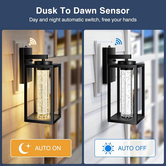 VIANIS Large Exterior Lighting Fixtures Wall Mount for House, Modern Black Dusk to Dawn Built-in LED Outdoor Garage Lights, Anti-Rust Outdoor Sconce Lights for Porch, Patio with Crystal Bubble Glass