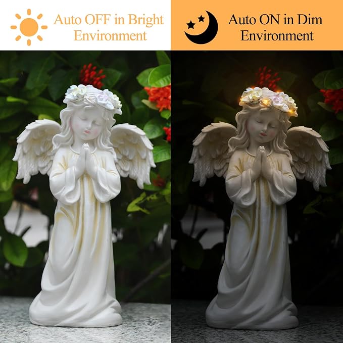 Angel Garden Statue, Memory Guardian Solar Decor with Warm Light | Waterproof Outdoor Garden Decor Praying Angel Figurine Sculpture for Lawn Yard Patio, Sympathy Present, White