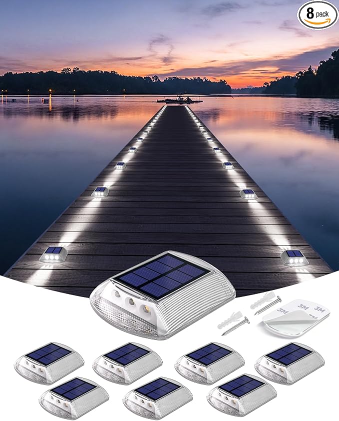 DetarZinLED Solar Driveway Lights Outdoor IP68 Waterproof Led 8 Pack White | Sturdy PC Shell, Stick on & Screw Mount, Markers Light for Outside Deck, Driveway, Step, Walkway, Patio, Pathway, Stair, pool