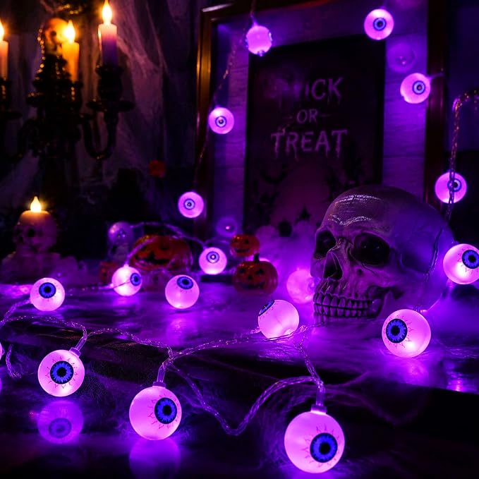 Crazy Night Halloween String Lights 10Ft 20 LEDs Battery Operated Purple Eyeball Lights Halloween Decorations Outdoor Indoor Party Decor