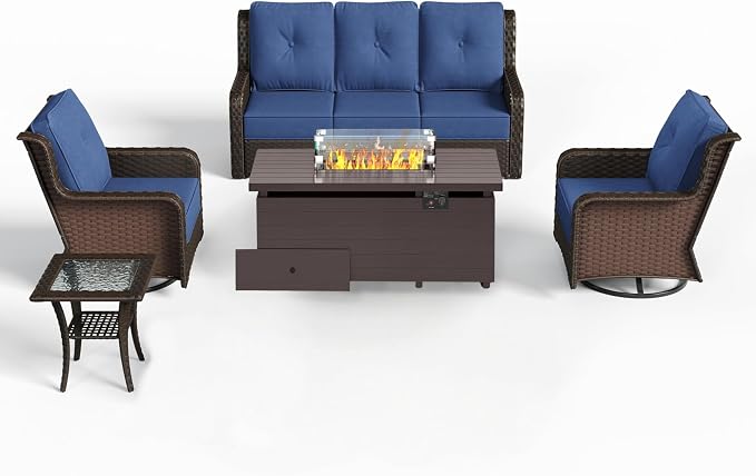 Sundale Outdoor Wicker Patio Furniture Set with Fire Pit, 5 Piece All Weather Outdoor Furniture Set with Swivel Chairs & Couch, High Back Patio Conversation Sets with 6" Cushions for Yard, Deck (Blue)